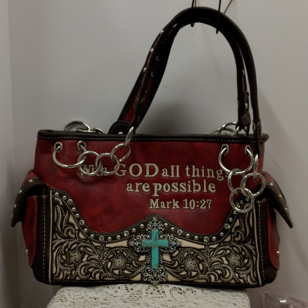 Elegant Red and Brown Embroidered Shoulder Bag